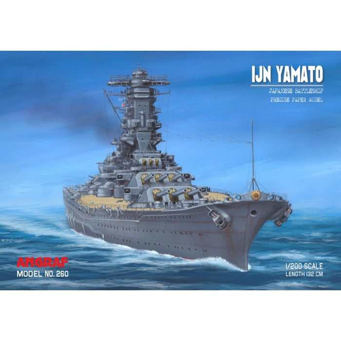 Photo of the IJN Yamato 1:200 scale card model kit from Answer/Angraf, fully assembled at 132cm in length, showcasing intricate details.