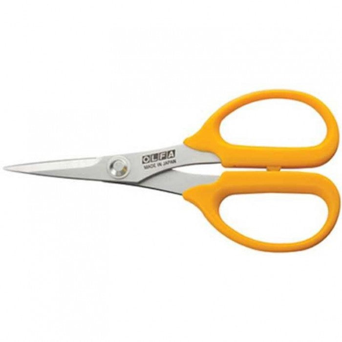 Photo of OLFA Precision Appliqué Scissors (OLF/SCS4) with stainless steel blades, ergonomic symmetrical handles, and sharp cutting edges.