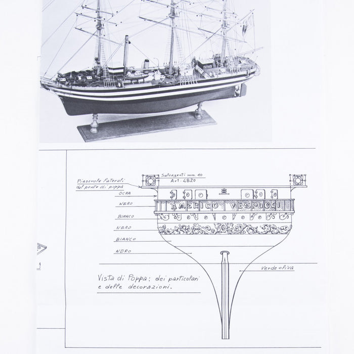 Photo of Amati B1054 Amerigo Vespucci Construction Plans showing detailed blueprints for model shipbuilding