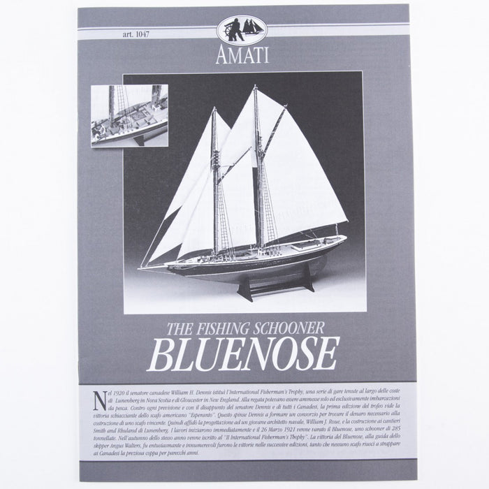 Photo of Amati B1047 Bluenose Construction Plans with 3 A2 sheets and illustrated instructions in English and Italian.