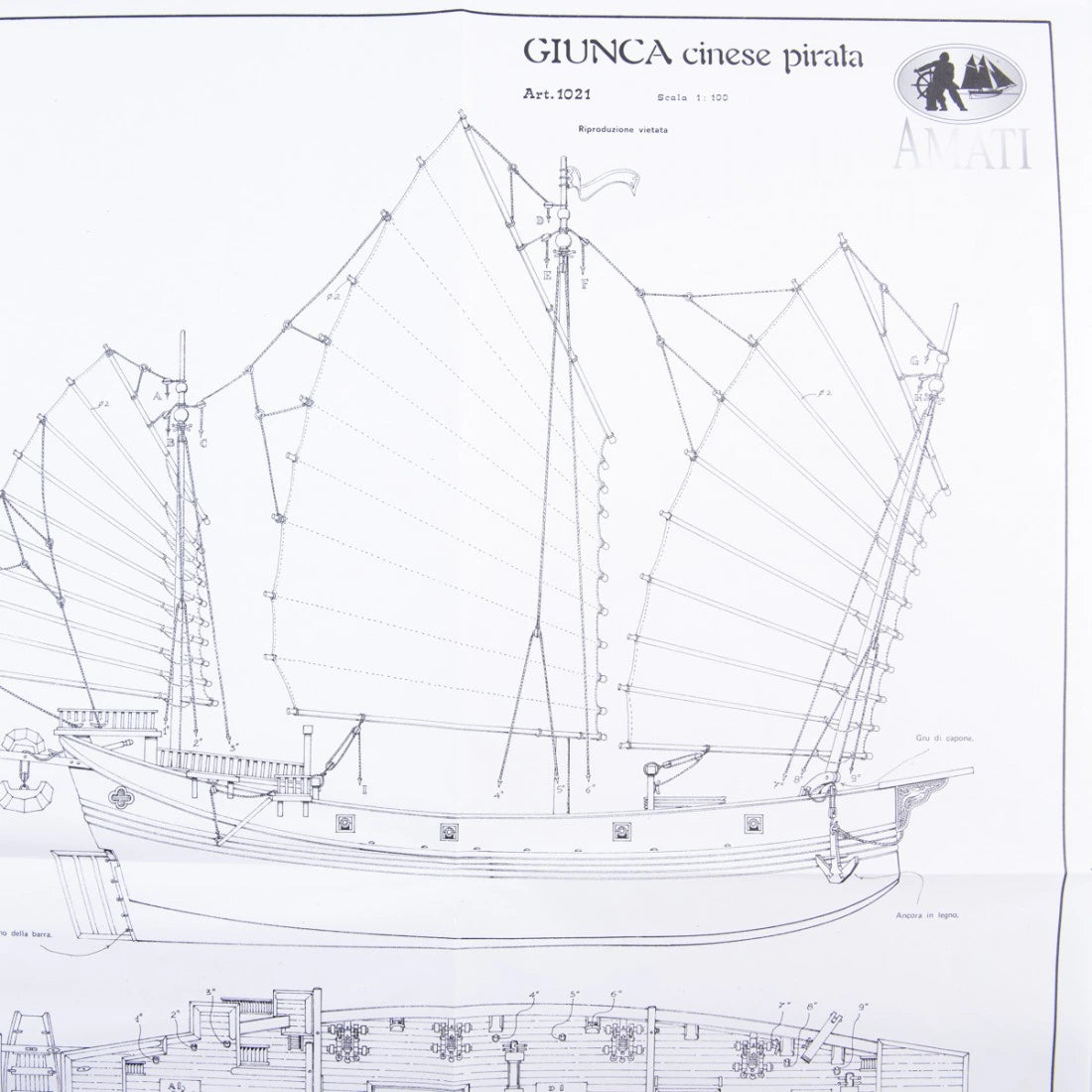 Photo of Chinese Pirate Junk construction plans by Amati (B1021), showcasing detailed design.