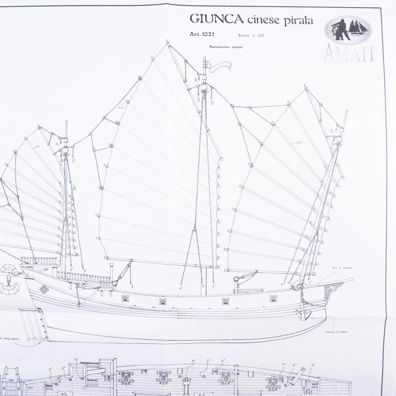 Photo of Chinese Pirate Junk construction plans by Amati (B1021), showcasing detailed design.