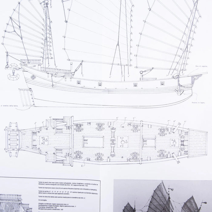 Photo of Chinese Pirate Junk construction plans by Amati (B1021), showcasing detailed design.