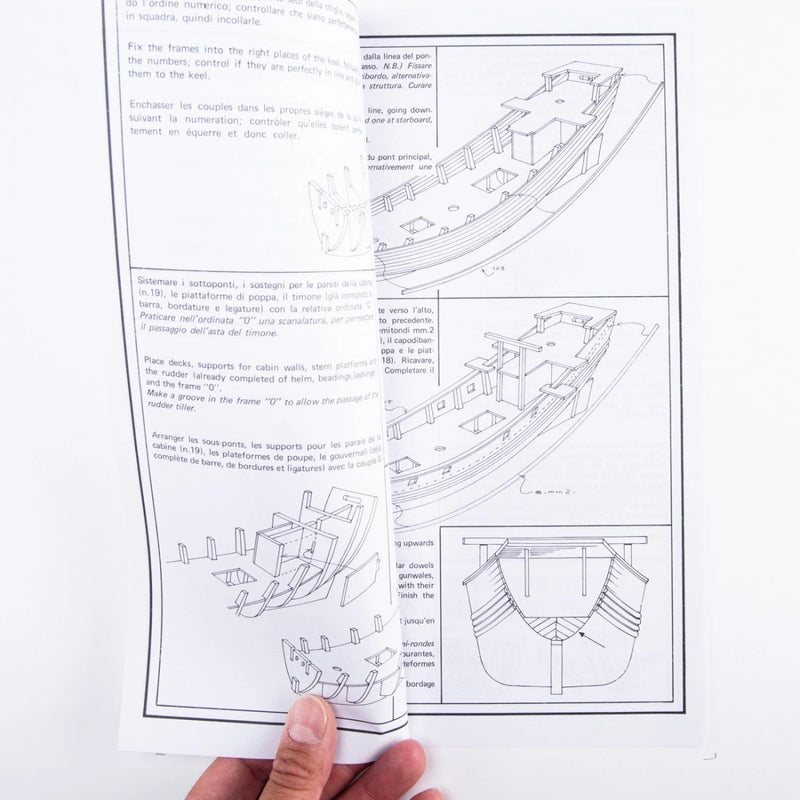 Photo of Chinese Pirate Junk construction plans by Amati (B1021), showcasing detailed design.