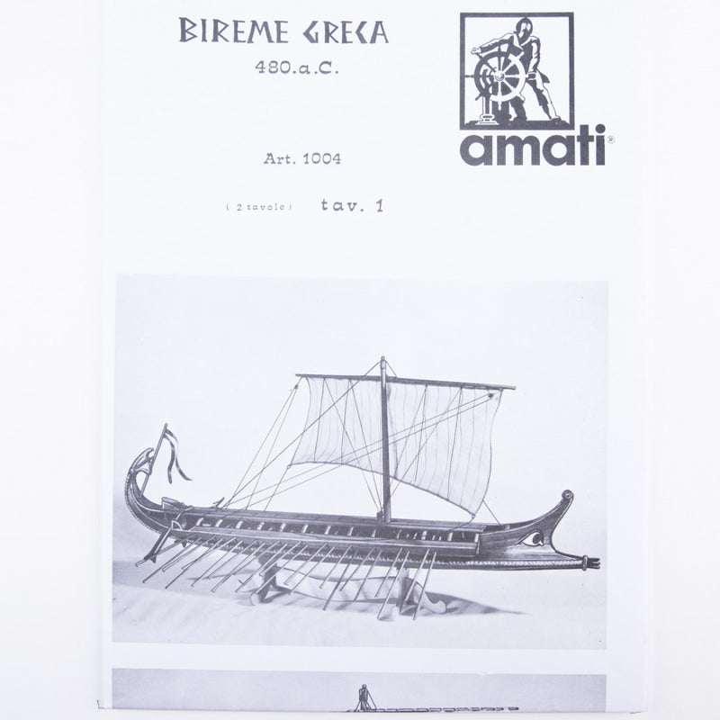 Photo of Amati B1004 Greek Bireme Construction Plans, showing detailed A1 sheets with instructions in English and Italian.