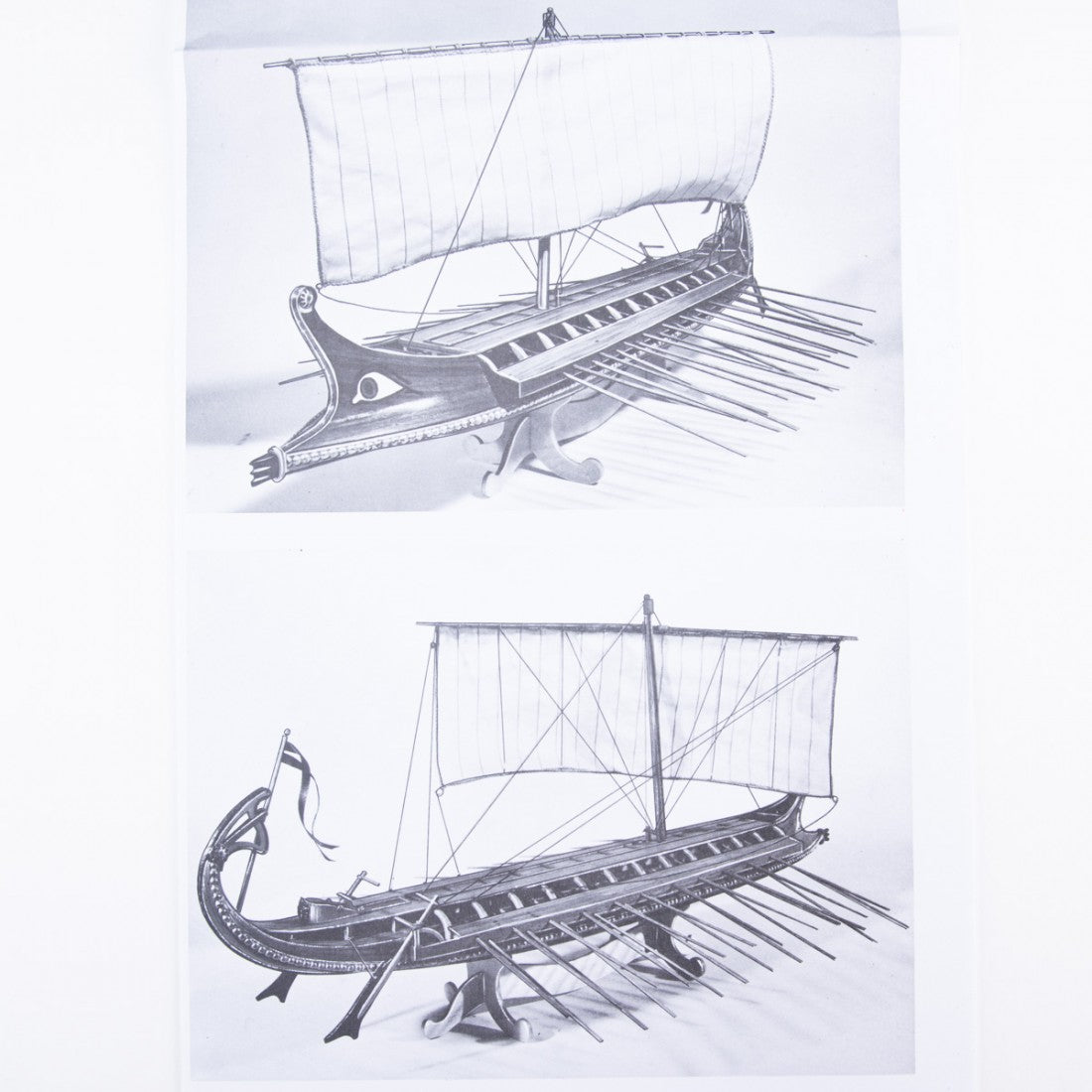 Photo of Amati B1004 Greek Bireme Construction Plans, showing detailed A1 sheets with instructions in English and Italian.