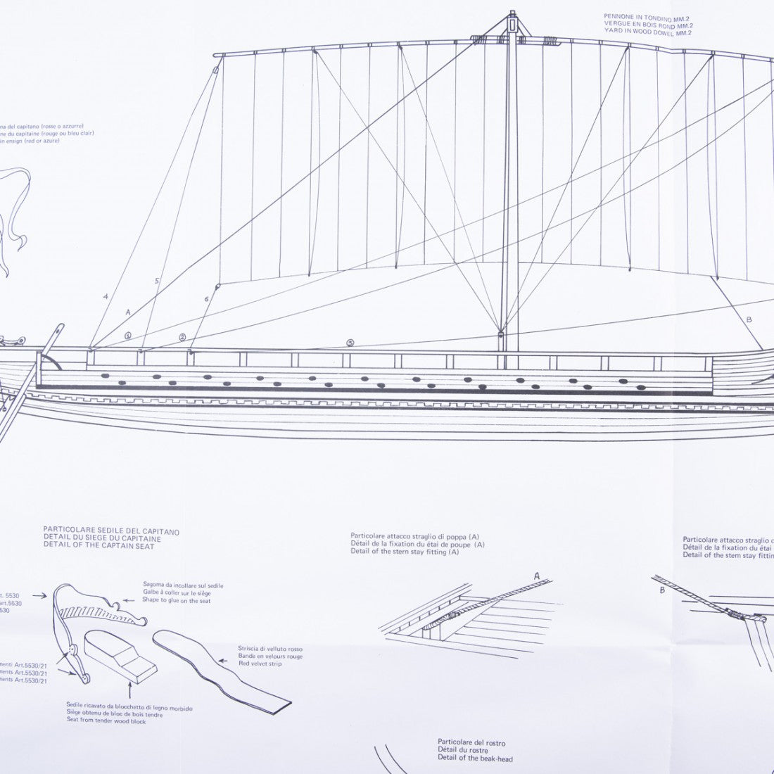 Photo of Amati B1004 Greek Bireme Construction Plans, showing detailed A1 sheets with instructions in English and Italian.