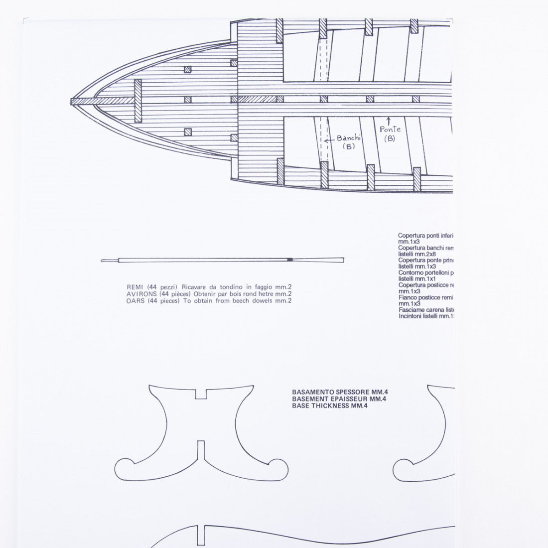 Photo of Amati B1004 Greek Bireme Construction Plans, showing detailed A1 sheets with instructions in English and Italian.