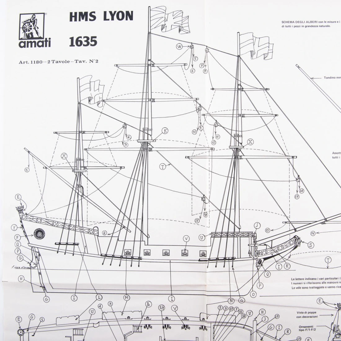 Photo of HMS Lyon Lee sailship construction plans by Amati (B1180), detailed blueprint for model shipbuilding.