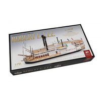 Photo of the Robert E. Lee Assembly Box (2024 Edition) by Amati, featuring a detailed steamboat model with a solid wood hull, metal accents, and brass railings.