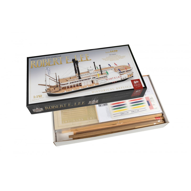 Photo of the Robert E. Lee Assembly Box (2024 Edition) by Amati, featuring a detailed steamboat model with a solid wood hull, metal accents, and brass railings.