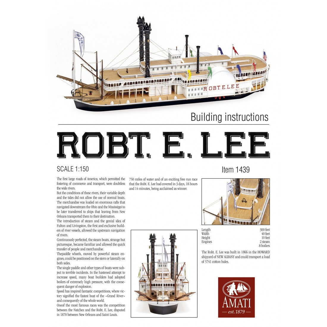 Photo of the Robert E. Lee Assembly Box (2024 Edition) by Amati, featuring a detailed steamboat model with a solid wood hull, metal accents, and brass railings.