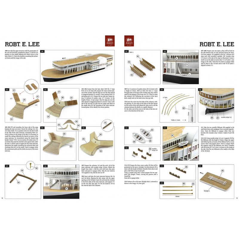 Photo of the Robert E. Lee Assembly Box (2024 Edition) by Amati, featuring a detailed steamboat model with a solid wood hull, metal accents, and brass railings.