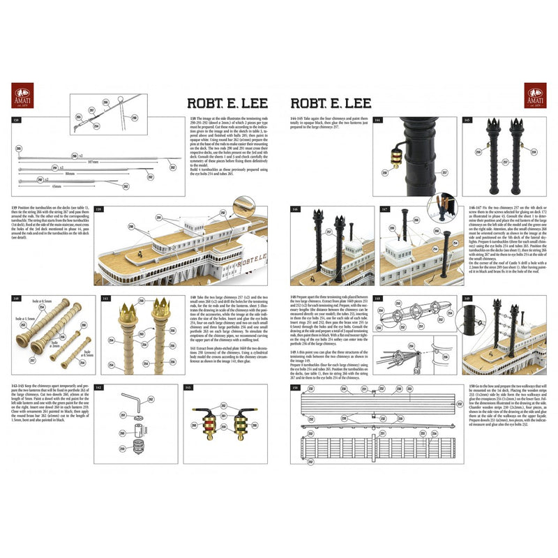 Photo of the Robert E. Lee Assembly Box (2024 Edition) by Amati, featuring a detailed steamboat model with a solid wood hull, metal accents, and brass railings.