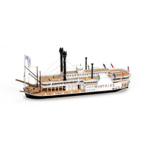 Photo of the Robert E. Lee Assembly Box (2024 Edition) by Amati, featuring a detailed steamboat model with a solid wood hull, metal accents, and brass railings.