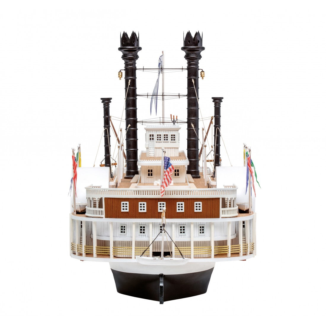 Photo of the Robert E. Lee Assembly Box (2024 Edition) by Amati, featuring a detailed steamboat model with a solid wood hull, metal accents, and brass railings.