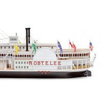 Photo of the Robert E. Lee Assembly Box (2024 Edition) by Amati, featuring a detailed steamboat model with a solid wood hull, metal accents, and brass railings.