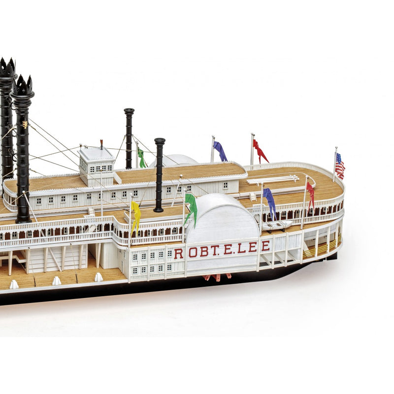 Photo of the Robert E. Lee Assembly Box (2024 Edition) by Amati, featuring a detailed steamboat model with a solid wood hull, metal accents, and brass railings.