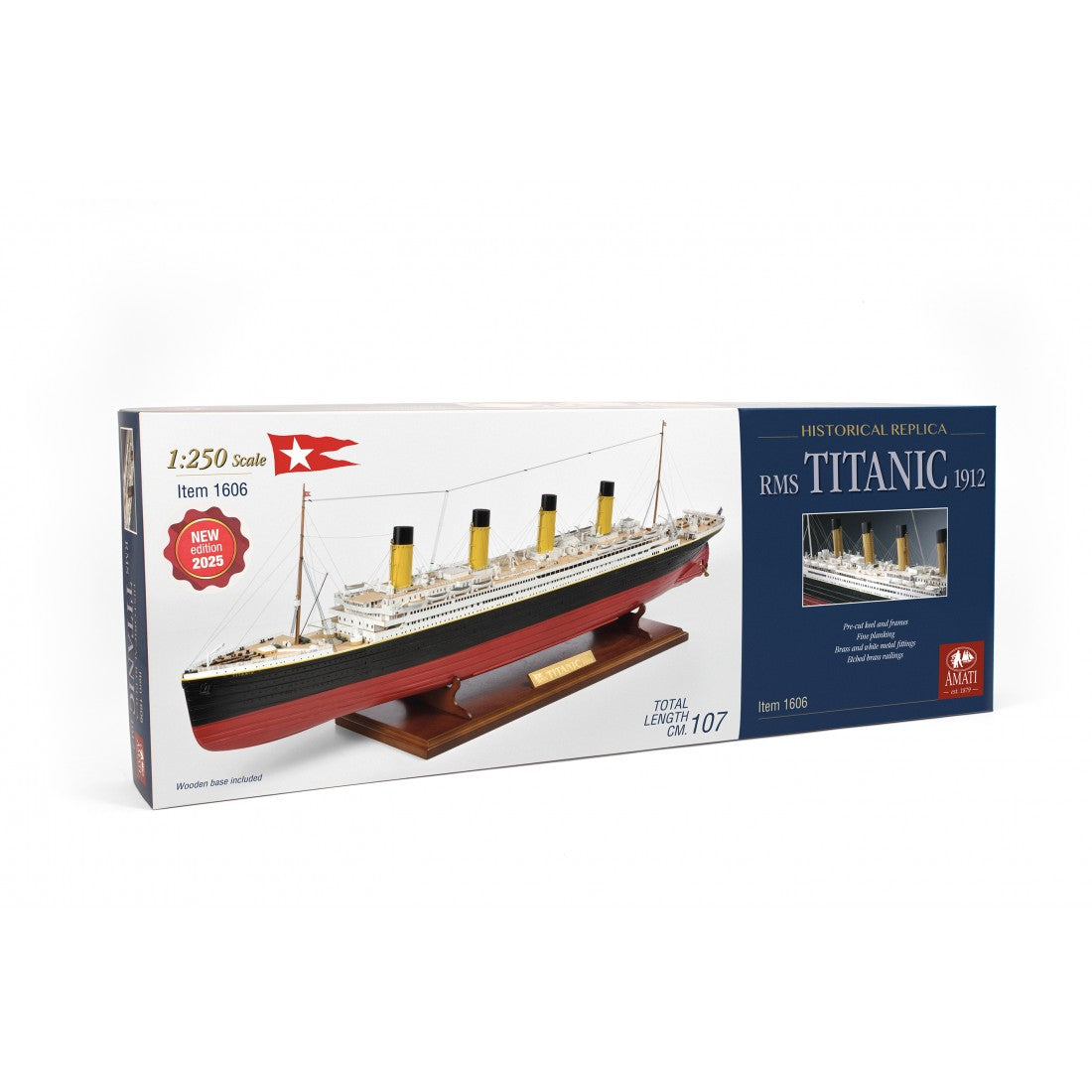 Photo of Amati Titanic 2025 Edition model kit, featuring realistic deck details, transparent domes, and photo-etched enhancements in 1:250 scale.