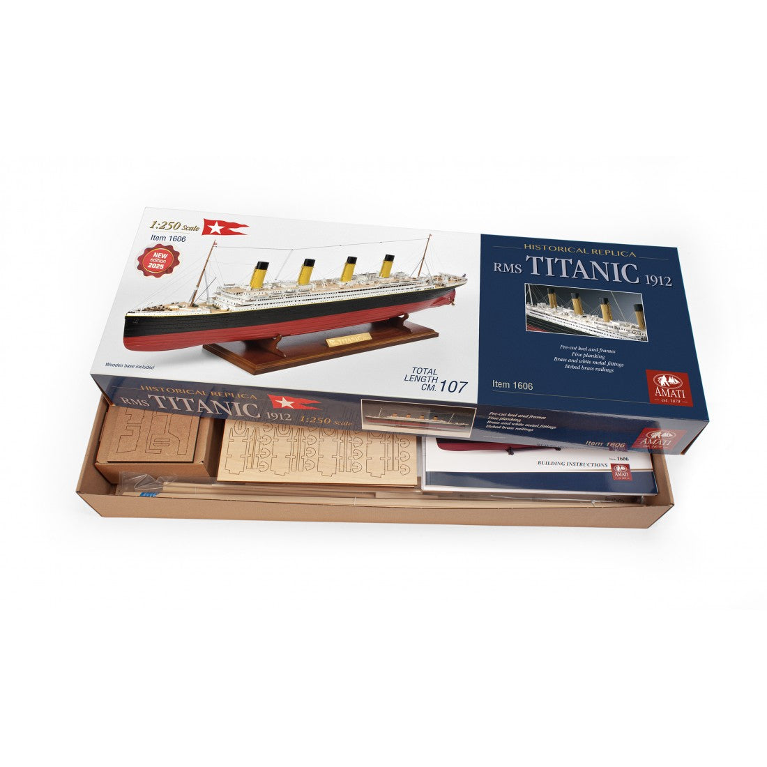 Photo of Amati Titanic 2025 Edition model kit, featuring realistic deck details, transparent domes, and photo-etched enhancements in 1:250 scale.