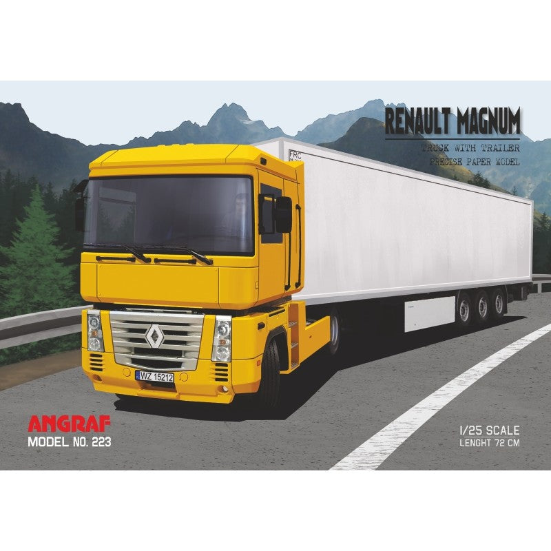 Photo of Renault Magnum truck and trailer cardboard model kit in 1:25 scale with A3 sheets.