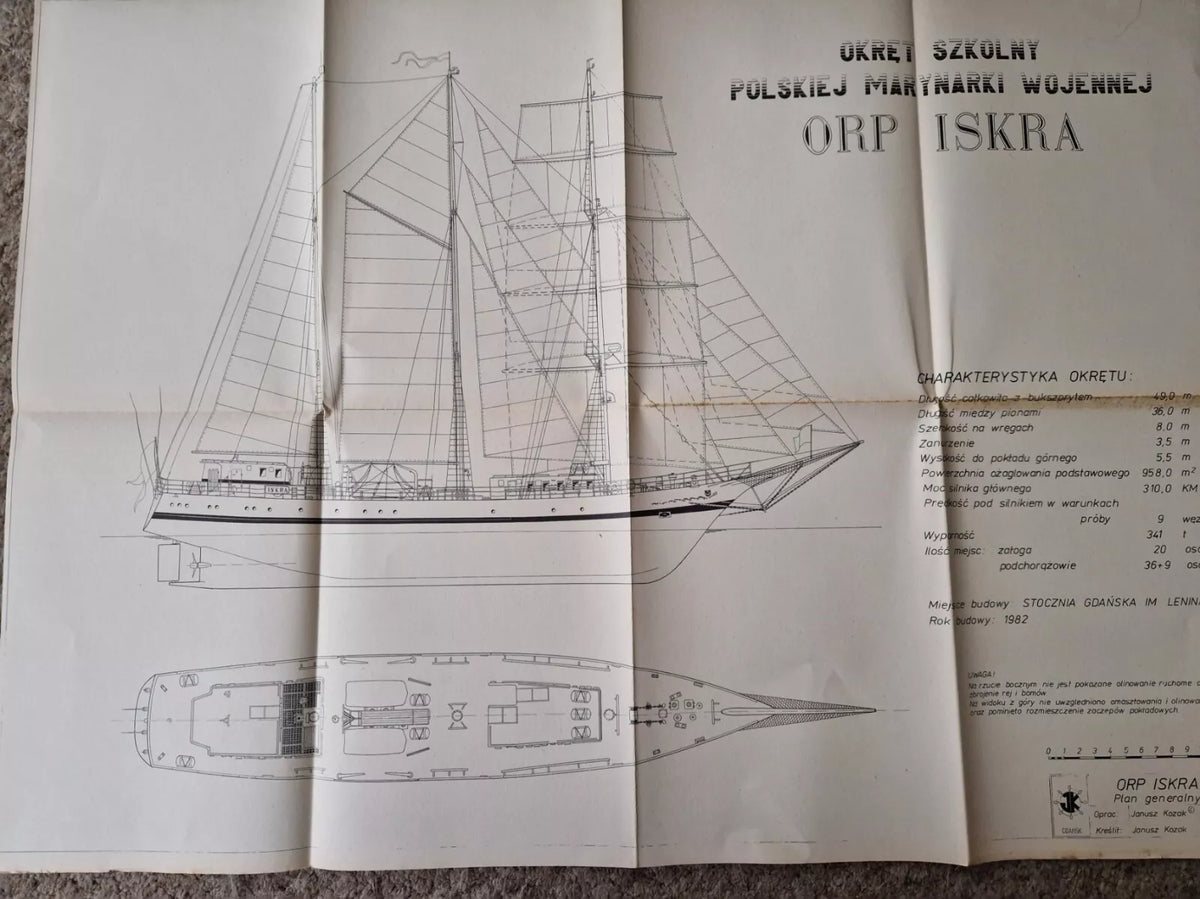 Photo of ORP Iskra model plans from 1986 by Liga Ochrony Kraju (LOK), featuring 6 A1-sized sheets with blueprints and historical descriptions in Polish.