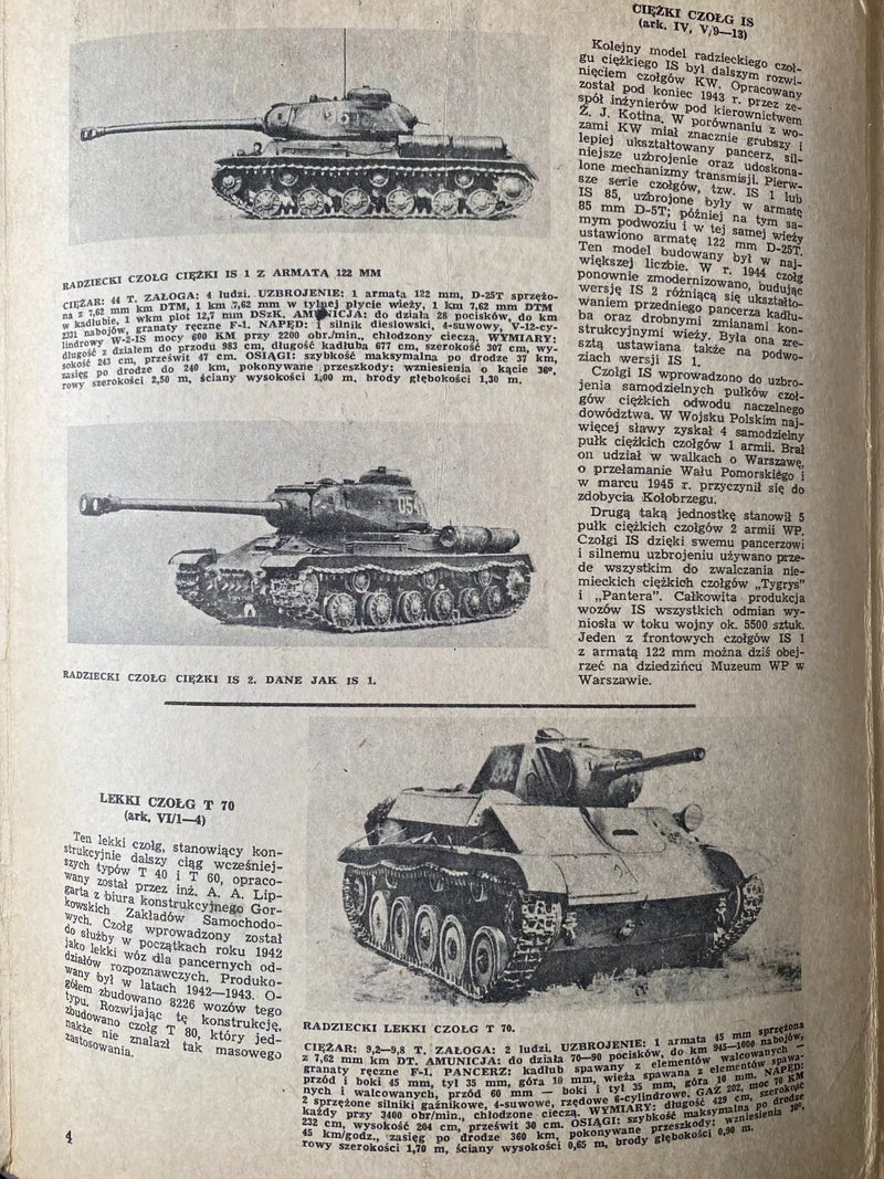 Photo of Plany Modelarskie 38 A1 sheets featuring Soviet tanks T34, KW, IS, T70, SU76, SU85 & ISU122-152 by LOK, 1970 edition.