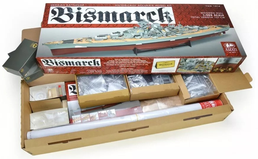 Photo of the 1:200 scale wooden model kit of the WWII battleship Bismarck by Amati