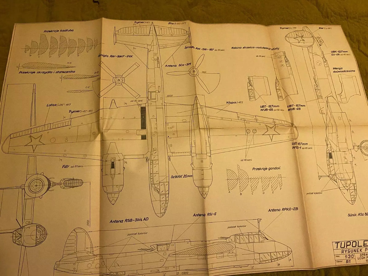 Photo of Plany Modelarskie 65 Soviet Bomber TU-2 by Liga Ochrony Kraju (LOK), showing detailed plans on A1-sized sheets.