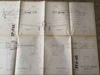 Photo of vintage 1977 PZL M-4 Tarpan construction plans by LOK, showing A1 sheets with detailed aircraft drawings and Polish text.