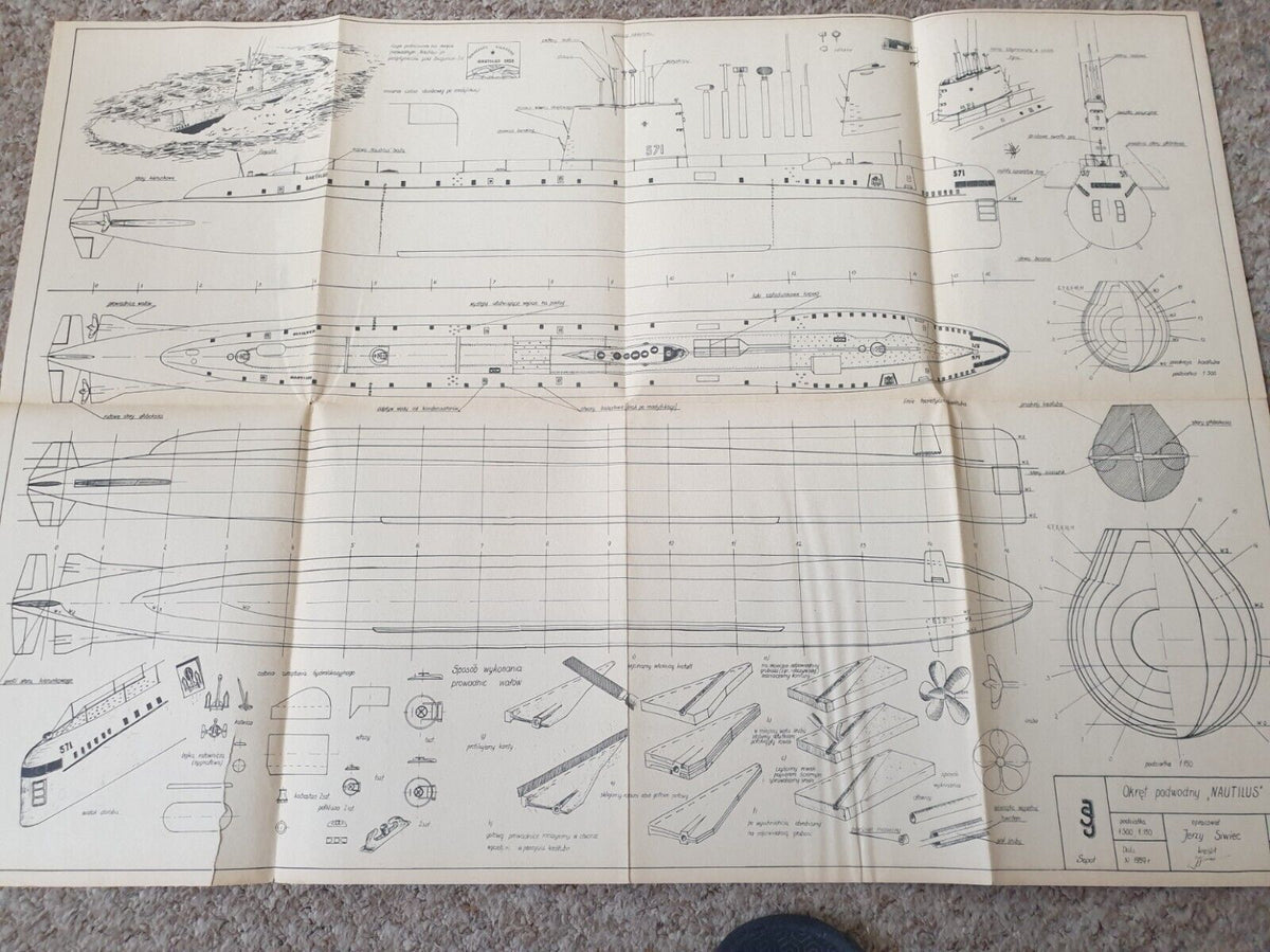 Collection of submarine model plans from LOK Publishing, including Sokół, Orzeł, Sęp, La Creole, and Nautilus, showcasing detailed blueprints for authentic model construction.