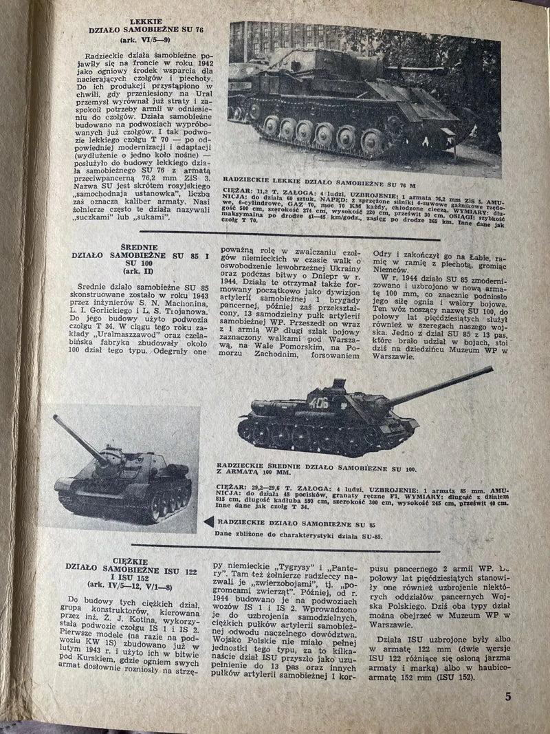 Photo of Plany Modelarskie 38 A1 sheets featuring Soviet tanks T34, KW, IS, T70, SU76, SU85 & ISU122-152 by LOK, 1970 edition.