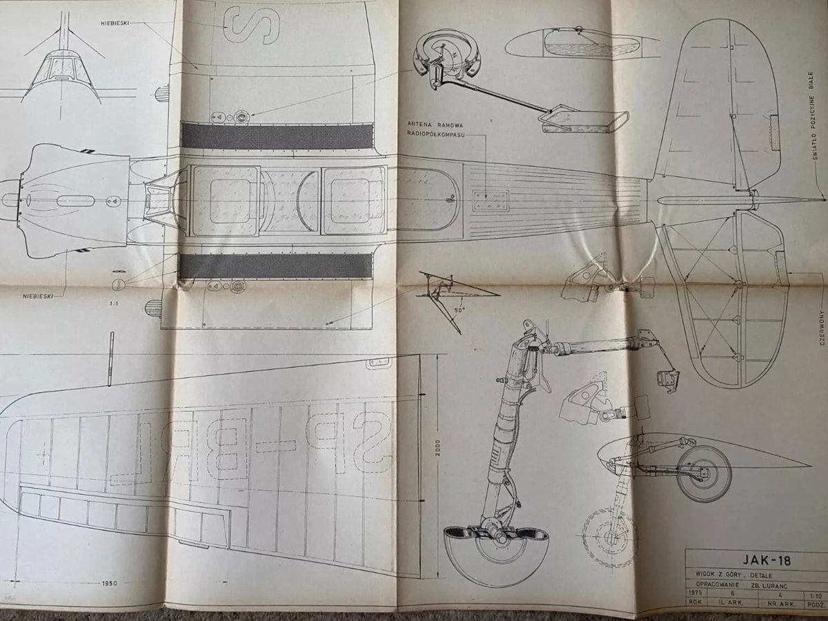 Photo of Plany Modelarskie 87 Soviet Plane Jak-18 blueprints from 1978 by LOK, showing detailed aircraft plans and historical notes in Polish.