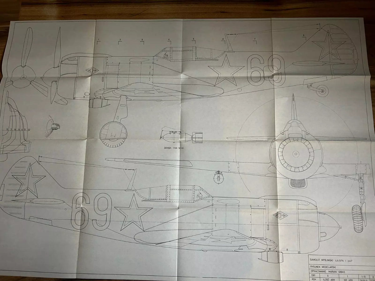 Photo of Plany Modelarskie 106 blueprints for Ła-5FN and Ła-7 fighter planes, LOK 1980 edition.