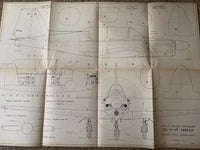 Photo of vintage 1977 PZL M-4 Tarpan construction plans by LOK, showing A1 sheets with detailed aircraft drawings and Polish text.