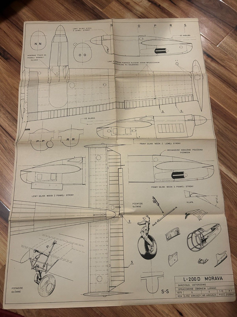 Vintage 1975 Czech 'Morava' aircraft model plans by LOK Publishing, showing natural paper discoloration, highlighting the detailed blueprints of this historic aircraft.