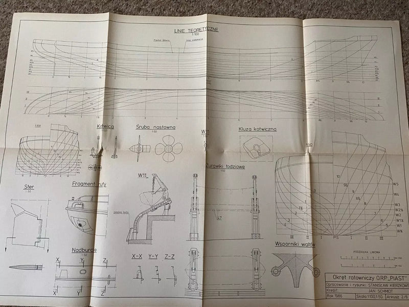 Photo of Plany Modelarskie 132 ORP Piast from LOK, 6 A1 sheets, 1986 edition with discolorations.