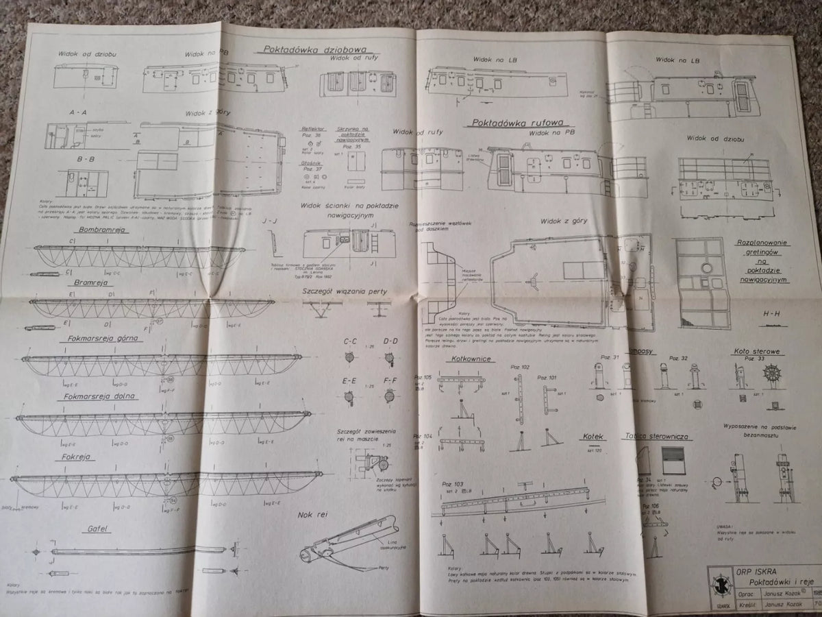 Photo of ORP Iskra model plans from 1986 by Liga Ochrony Kraju (LOK), featuring 6 A1-sized sheets with blueprints and historical descriptions in Polish.