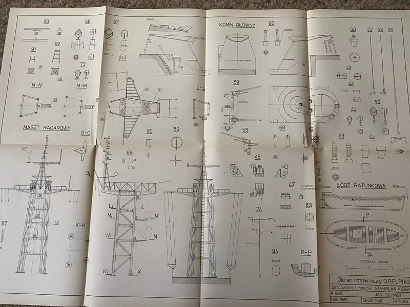 Photo of Plany Modelarskie 132 ORP Piast from LOK, 6 A1 sheets, 1986 edition with discolorations.