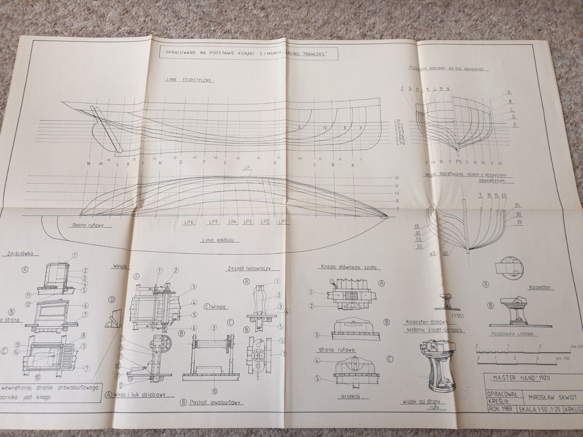Image of the 1989 'Master Hand LT 1203' British Trawler model construction plans by LOK Publishing, showing authentic details and natural paper aging.