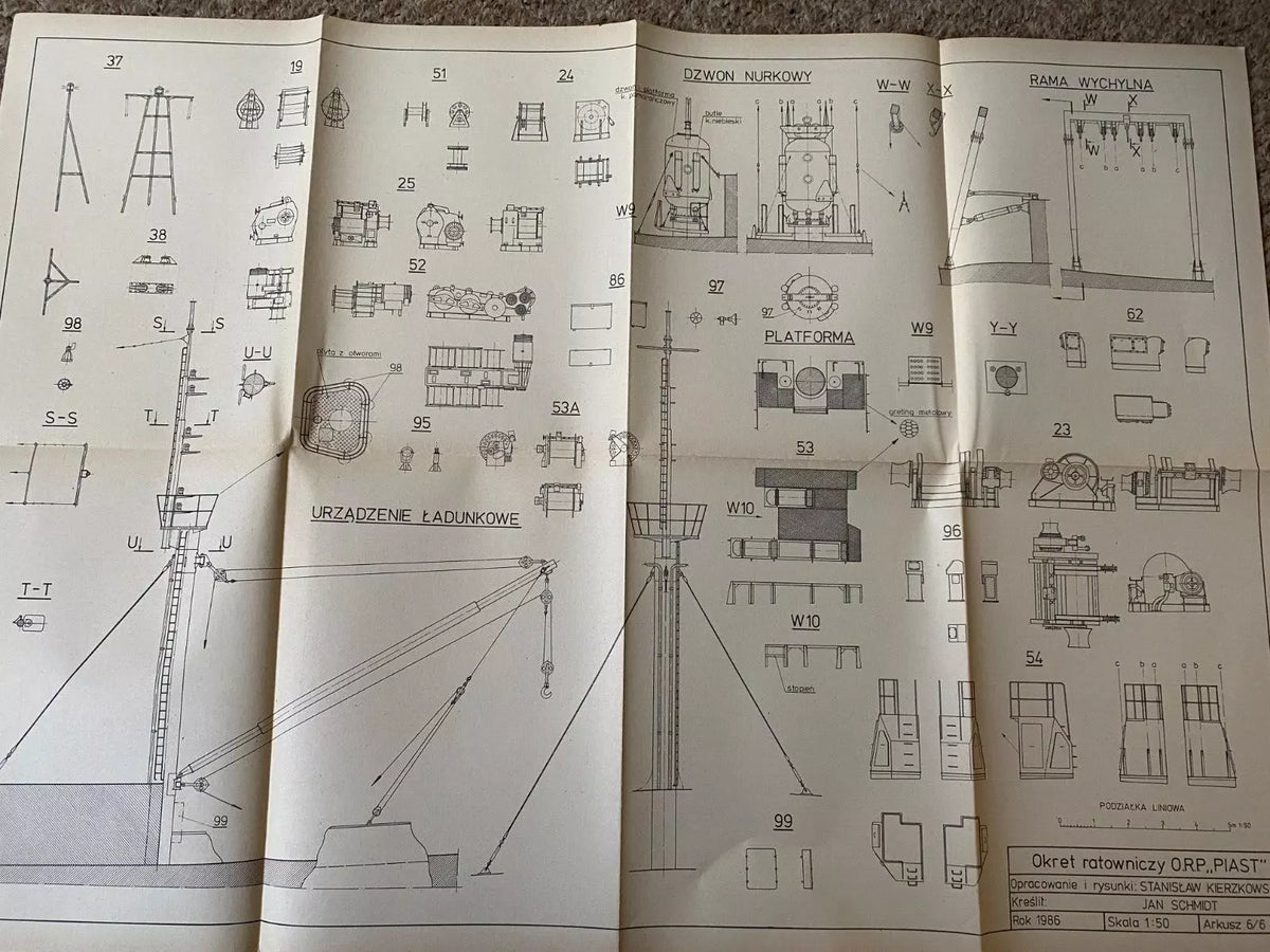 Photo of Plany Modelarskie 132 ORP Piast from LOK, 6 A1 sheets, 1986 edition with discolorations.