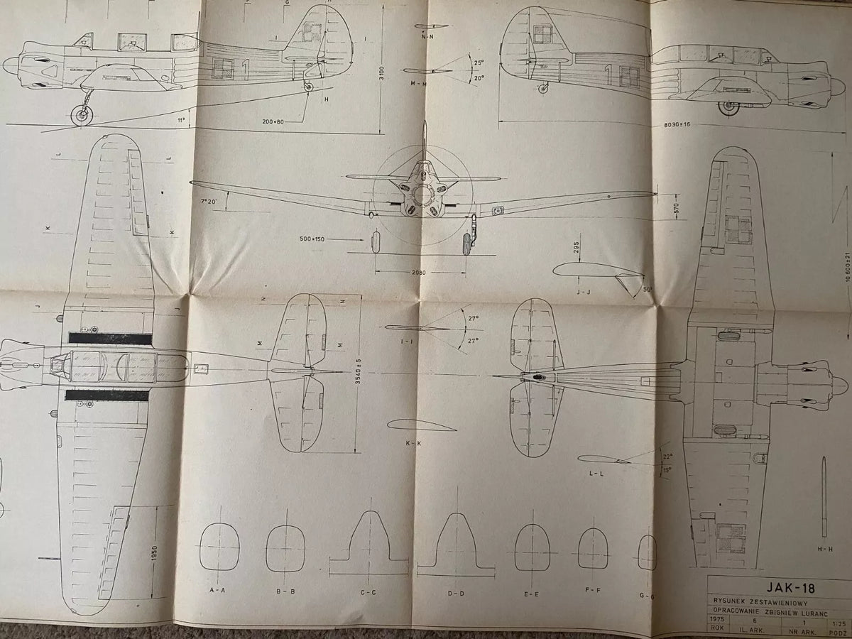 Photo of Plany Modelarskie 87 Soviet Plane Jak-18 blueprints from 1978 by LOK, showing detailed aircraft plans and historical notes in Polish.