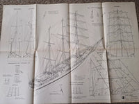 Photo of ORP Iskra model plans from 1986 by Liga Ochrony Kraju (LOK), featuring 6 A1-sized sheets with blueprints and historical descriptions in Polish.