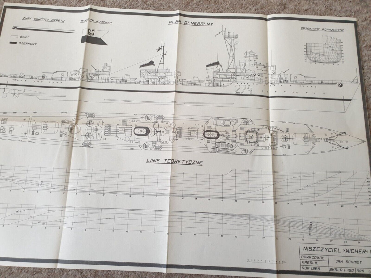 Image of the 'Wicher II' Polish destroyer model construction plans from LOK Publishing, highlighting the detailed drawings and vintage paper quality with discoloration.