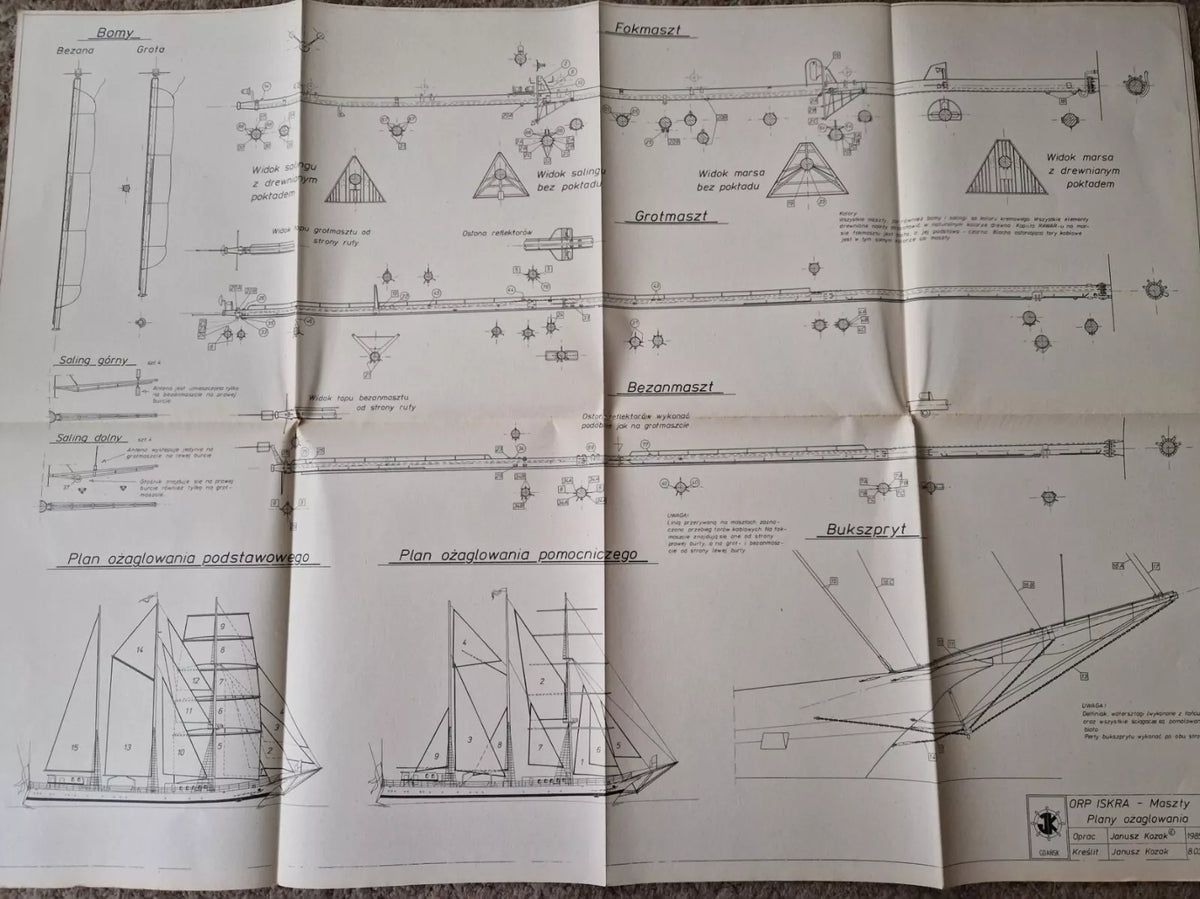 Photo of ORP Iskra model plans from 1986 by Liga Ochrony Kraju (LOK), featuring 6 A1-sized sheets with blueprints and historical descriptions in Polish.