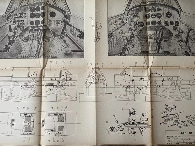 Photo of Plany Modelarskie 87 Soviet Plane Jak-18 blueprints from 1978 by LOK, showing detailed aircraft plans and historical notes in Polish.