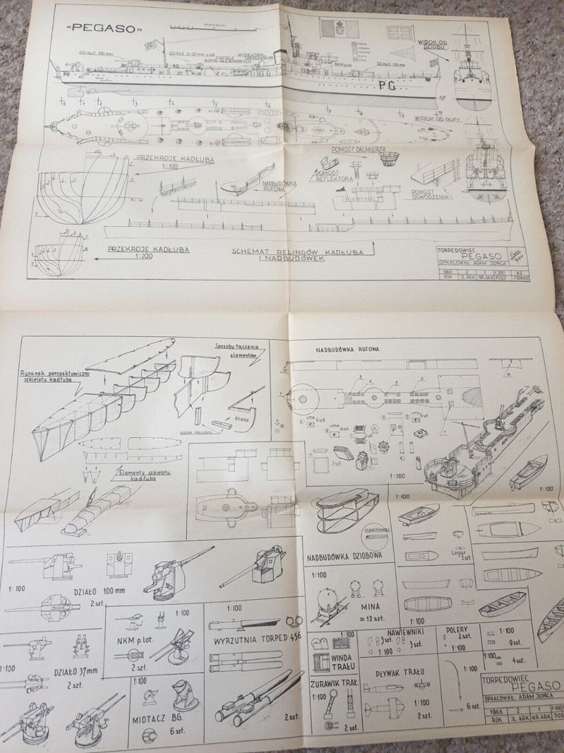 Image of the 1975 LOK Publishing's R-17 Halny and Pegaso ship model plans, highlighting the historical designs and aged condition with paper discolorations.