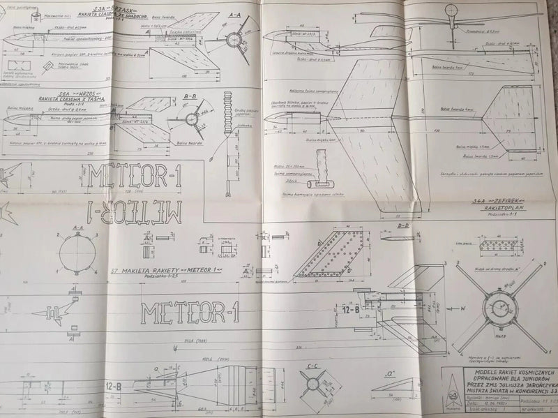 Photo of Plany Modelarskie 97 - Space Rocket & Glider Plans from 1968, showing detailed A1 sheets.  4. Tags for Online Shop