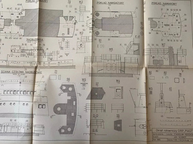 Photo of Plany Modelarskie 132 ORP Piast from LOK, 6 A1 sheets, 1986 edition with discolorations.
