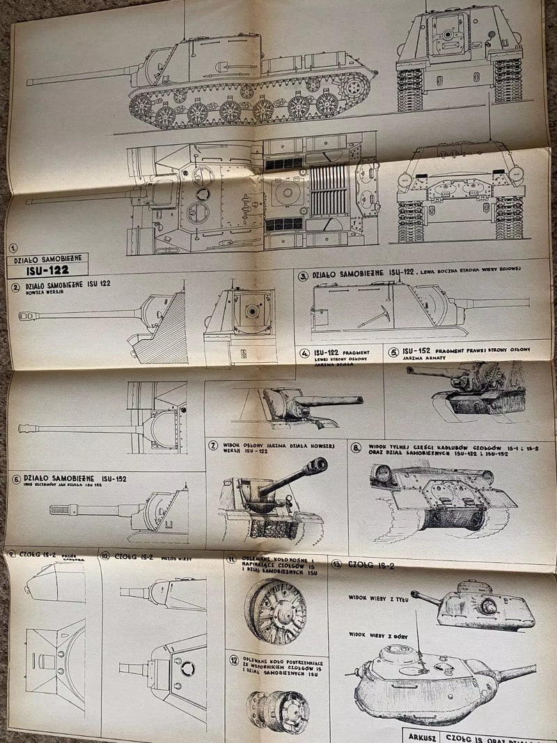 Photo of Plany Modelarskie 38 A1 sheets featuring Soviet tanks T34, KW, IS, T70, SU76, SU85 & ISU122-152 by LOK, 1970 edition.